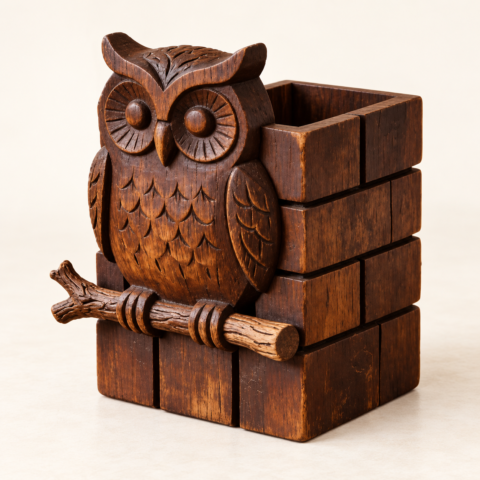 Carved Owl Cutlery Caddy