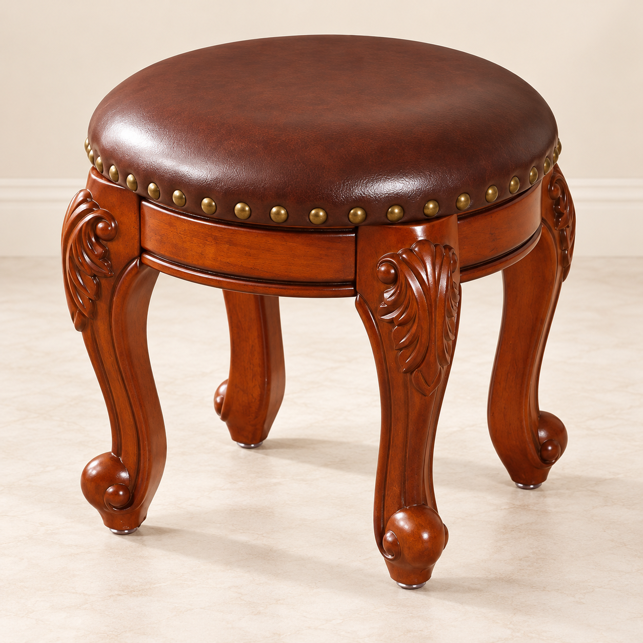 Carved Leather-Top Footstool