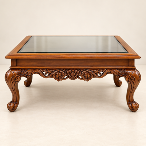 Glass-Top Carved Coffee Table